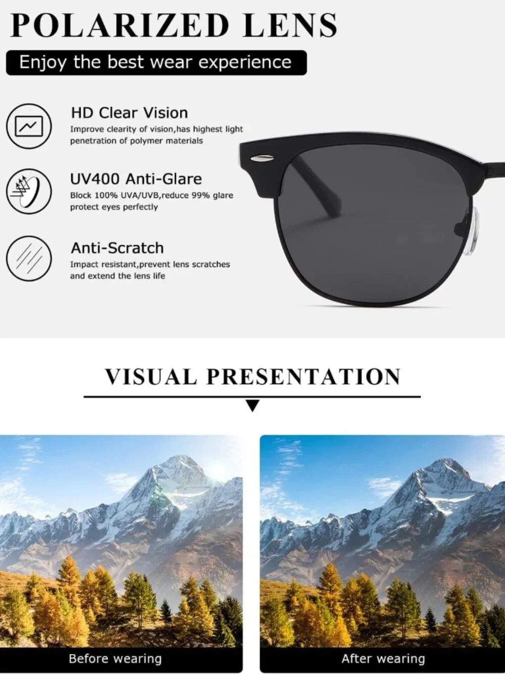 Men's Polarized Semi-Rimless Sunglasses | UV400 Retro Shades, Lightweight Frame